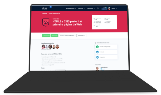 Notebook com a página do curso HTML5 e CSS3 da Alura aberta
